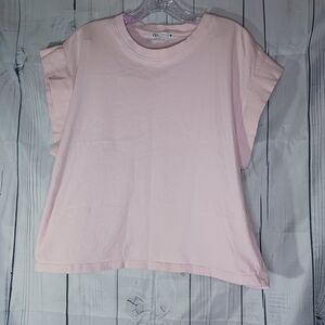 Zara soft pale Pink Boxy Relaxed T-shirt with Short Sleeves